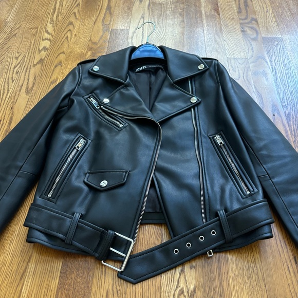 Zara vegan leather black belted biker jacket sz. XS - Picture 7 of 16
